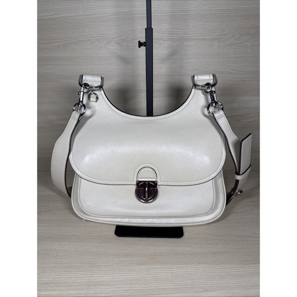 Tory Burch Cream Smooth Leather James Saddle Bag Silver Hardware Adjustable
